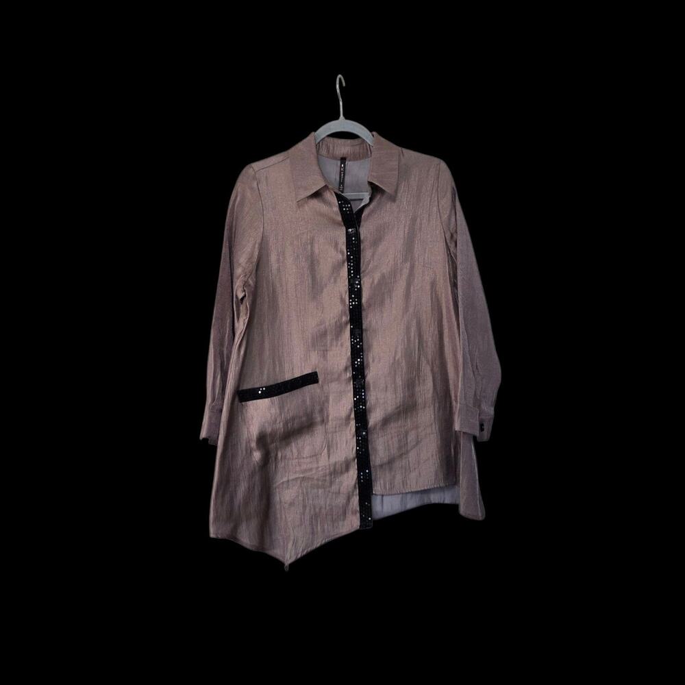 IC By Connie K Elegant Glittery Brown Sequin Trim Asymmetrical Blouse Size Small